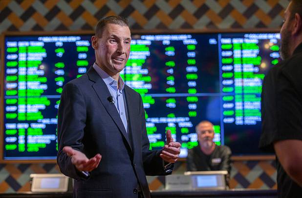 Scott Butera, president of interactive gaming at MGM Resorts International, responds to a question during an interview at the BetMGM sports book at the Park MGM Friday, March 6, 2020.