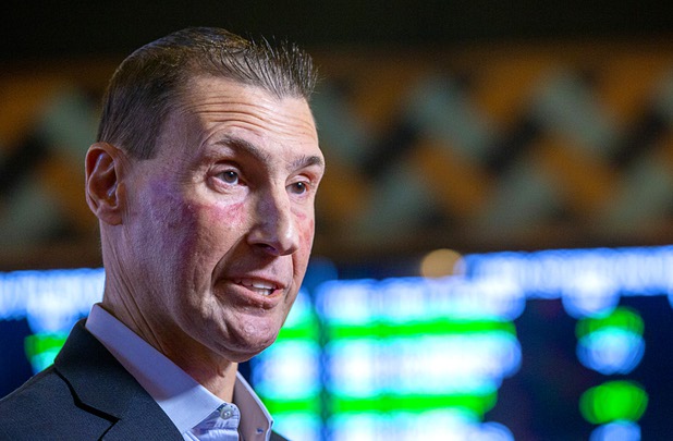 Scott Butera, president of interactive gaming at MGM Resorts International, responds to a question during an interview at the BetMGM sports book at the Park MGM Friday, March 6, 2020.