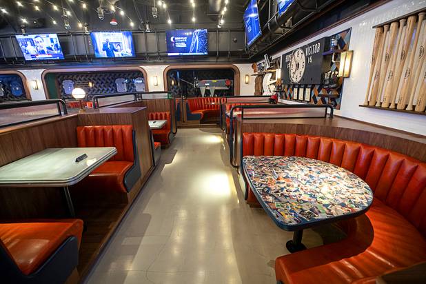 A view of a seating area near the bar in the BetMGM sports book at the Park MGM Friday, March 6, 2020.