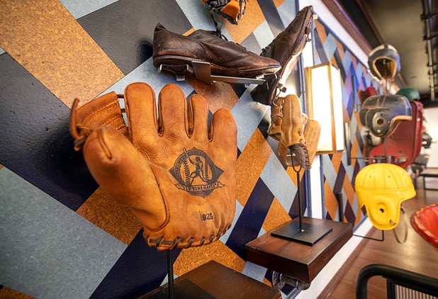 Sports memorabilia adorns the walls of the BetMGM sports book at the Park MGM Friday, March 6, 2020.