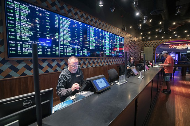 A view of the BetMGM sports book at the Park MGM Friday, March 6, 2020.