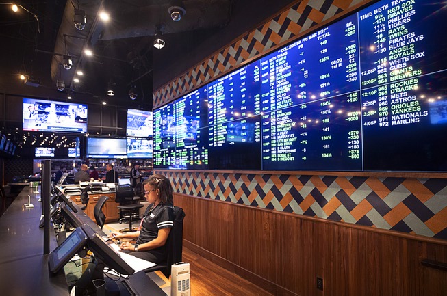 A view of the BetMGM sports book at the Park ...