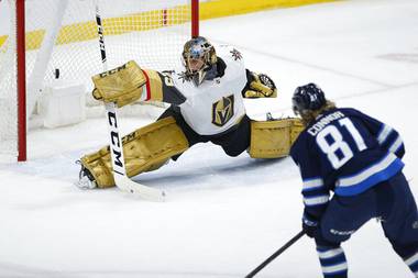 Winnipeg Jets’ Kyle Connor scores against Vegas Golden Knights goaltender Marc-Andre Fleury during the first period Friday, March 6, 2020, in Winnipeg, Manitoba. 