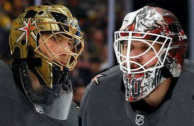 Photo composite of Golden Knights goaltenders Marc-Andre Fleury, left, and Robin Lehner.