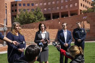 Las Vegas Chamber President and CEO Mary Beth Sewald speaks to the press regarding the supply chain of food and supplies available to local groceries and markets and why there is no need for panic buying, Sunday March 15, 2020.