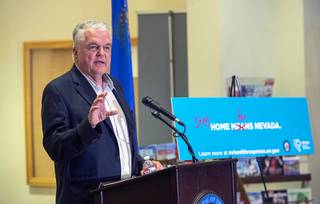 Nevada Gov. Steve Sisolak responds to a question during a news conference at the Sawyer State Building in Las Vegas,Tuesday, March 17, 2020. Sisolak ordered a monthlong closure of casinos and other non-essential businesses in order to stem the spread of the new coronavirus (COVID-19).