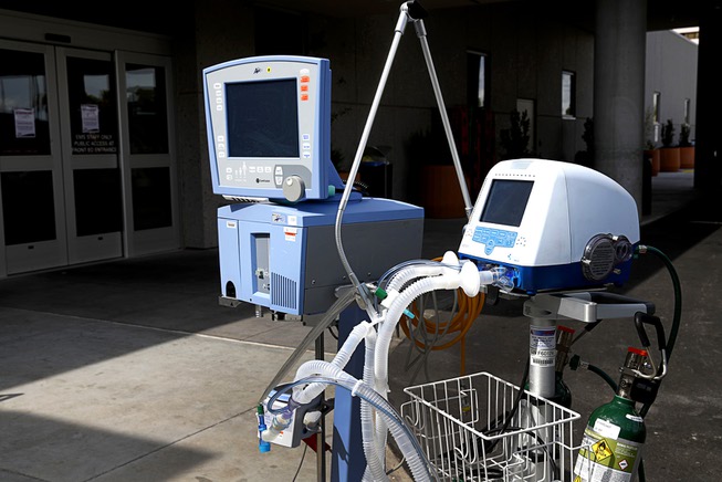 Medical ventilators are displayed outside Sunrise Hospital and Medical Center ...