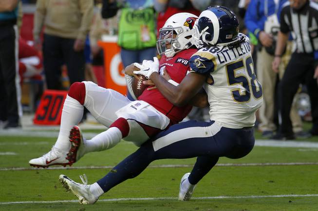 Arizona Cardinals quarterback Kyler Murray (1) is sacked by Los Angeles Rams inside linebacker Cory Littleton (58) during the first half of an NFL football game, Sunday, Dec. 1, 2019, in Glendale, Ariz. 