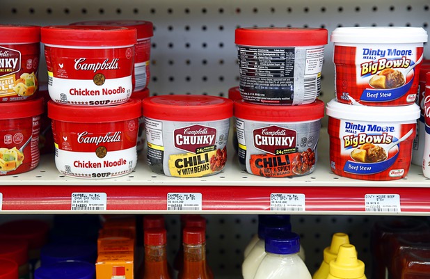 Shelves are stocked with basic convenience food items, such as soup and chili, at the Stage Door Casino at Flamingo Road and Linq Lane Tuesday, March 31, 2020. The casino is closed but the market is still open.