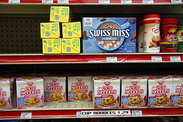 Shelves are stocked with basic convenience food items, such as cup ramen, at the Stage Door Casino at Flamingo Road and Linq Lane Tuesday, March 31, 2020. The casino is closed but the market is still open.