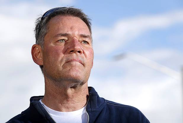 Robert Dornisch, a table games dealer at the Golden Nugget, poses outside of his apartment complex in downtown Las Vegas Tuesday, April 7, 2020.