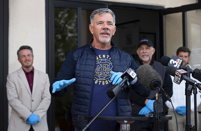 International Church of Las Vegas senior pastor Paul Goulet responds to a question during a news conference at the the church Thursday, April 9, 2020. Goulet and other pastors called on Gov. Steve Sisolak to reconsider his ban on worship services for 10 or more people, including drive-thru and pop-up services.