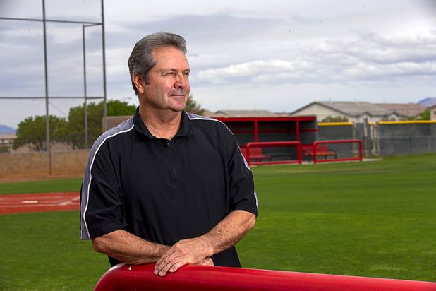 Baseball umpire Phil Schlosser poses at Bryce Harper Field at Las Vegas High School Friday, April 10, 2020. Schlosser is retired but supplements his pension with referee work. With no games happening, he's lost that extra income.