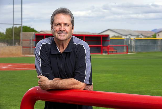 Baseball umpire Phil Schlosser poses at Bryce Harper Field at Las Vegas High School Friday, April 10, 2020. Schlosser is retired but supplements his pension with referee work. With no games happening, he's lost that extra income.