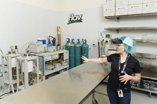 Business Development Manager Jillian Nelson shows a carbon dioxide critical extraction instrument during a tour of Evergreen Organix edibles production facility, Wednesday, Sept. 26, 2018.