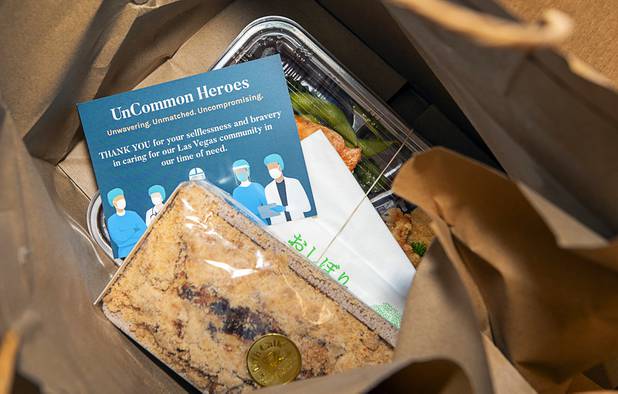 Matter Real Estate and Burke Construction deliver 450 meals for healthcare workers, part of one of its final deliveries made through the "UnCommon Heroes" project, at Spring Valley Hospital Medical Center Friday, April 24, 2020. UnCommons donated meals from Lotus of Siam and Sushi Kame. All dinners also included an individual marbled coffee cake from Urth Caffe.