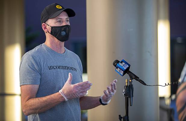 Kevin Burke, a partner in Matter Real Estate and CEO of Burke Construction, talks with a reporter as the companies deliver 450 meals for healthcare workers, part of one of its final deliveries made through the "UnCommon Heroes" project, at Spring Valley Hospital Medical Center Friday, April 24, 2020. Matter and Burke are preparing to start work on Uncommons, a mixed-use development near I-215 and Durango Road in the southwest valley.