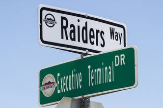 A newly installed Raiders Way street sign is posted in front of the Raiders Headquarters in Henderson, Tuesday, May 19, 2020.