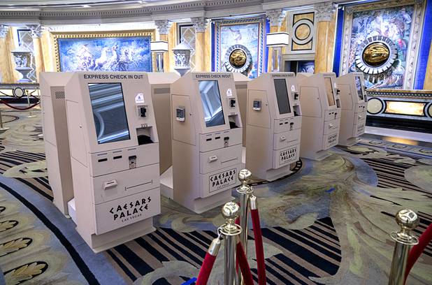A view of self-service check-in kiosks in the lobby during a tour of Caesars Palace Thursday, May 21, 2020.