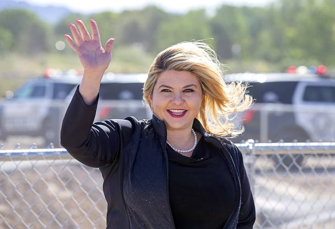Las Vegas City Councilwoman Michele Fiore waves to supporters during an opening ceremony for mountain bike trails and a BMX pump track at Floyd Lamb State Park at Tule Springs Saturday, May 23, 2020.