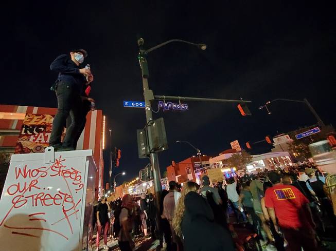Demonstrators in downtown Las Vegas participate in a "Black Lives Matter" protest on May 30, 2020.