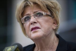 Mayor Carolyn Goodman asks for protesters to rally peacefully during a press conference at the Las Vegas Metropolitan Police Department headquarters, Sunday, May 31, 2020.