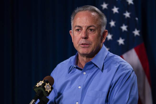Sheriff Joe Lombardo gives details to the media on a Black Lives Matter protest that left one officer critically injured and one protester dead in Las Vegas, Tuesday, June 2, 2020.