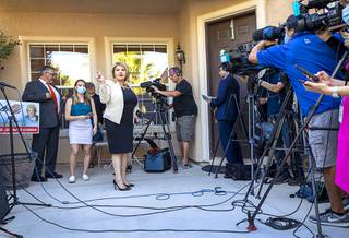 City of Las Vegas Mayor Pro Tem Michele Fiore, center, concludes a news conference at her home Thursday, June 11, 2020. Fiore apologized if her comments during Saturday's Clark County Republican Convention offended anyone.
