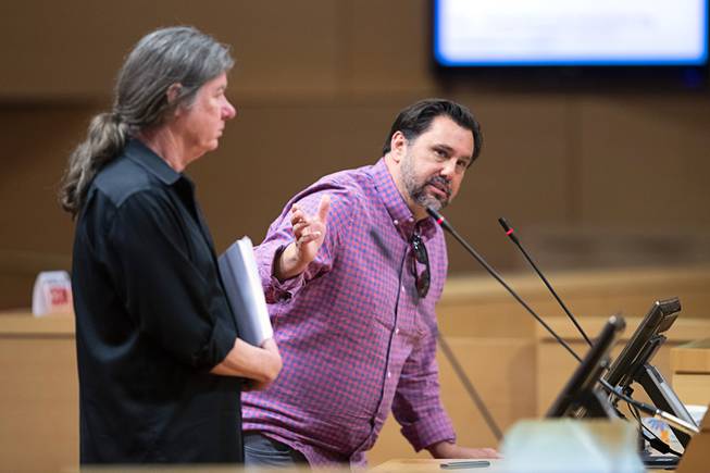 Las Vegas City Attorney Brad Jerbic, left and developer J. Dapper give an update on the Huntridge Theater during a city council meeting at Las Vegas City Hall Wednesday, June 17, 2020.
