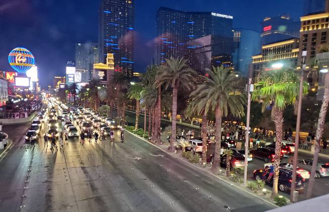 Protesters shut down traffic on Las Vegas Boulevard, Friday, June 19, 2020.