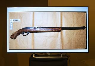 A photo of Edward Alexander's Glenfield Model 60 .22 cal rifle is displayed during an officer-involved shooting briefing at Metro Police headquarters Thursday, June 25, 2020. Metro Police officers shot at Edward Alexander on Monday, June 22 after he pointed the rifle toward officers, police said. Alexander was not directly hit my gunfire and suffered only minor injuries, police said.