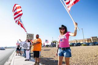 Supporters of No Mask Nevada protest in front of the Pahrump Nugget on Monday June 29, 2020, to show their disapproval of Governor Sisolak's order mandating face coverings.