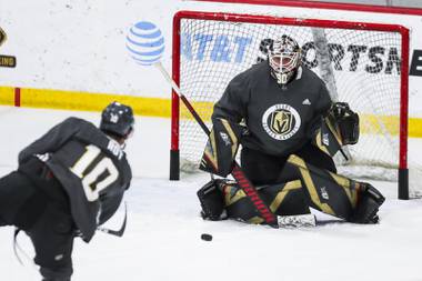 Vegas Golden Knight Nicolas Roy (10) takes a shot on goaltender Robin Lehner (90) during practice at City National Arena, Monday, July 13, 2020.