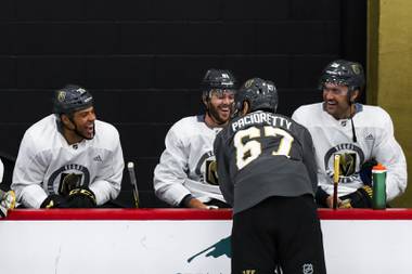 Vegas Golden Knight Ryan Reaves (75),  Jonathan Marchessault (81), William Carrier (28) and Max Pacioretty (67) laugh during practice at City National Arena, Monday, July 13, 2020.