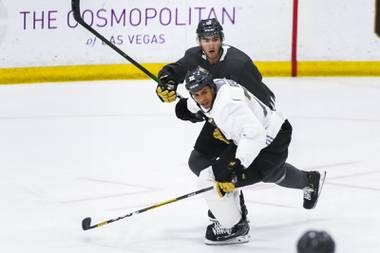 Vegas Golden Knight Ryan Reaves (75) and Nicolas Roy (10) practice at City National Arena, Monday, July 13, 2020.