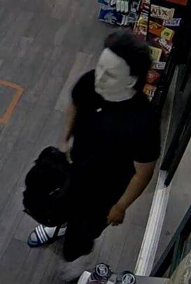 Metro Police say this is one of two suspects in the robbery of a business in the the 6100 block of West Russell Road on Monday, July 13, 2020. Both men were wearing Michael Myers-type masks like in the "Halloween" movie series, police said.