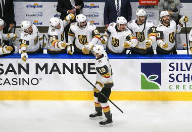 Golden Knights’ Reilly Smith (19) celebrates a goal against the Arizona Coyotes during the first period of an exhibition NHL hockey game Thursday, July 30, 2020 in Edmonton, Alberta. 