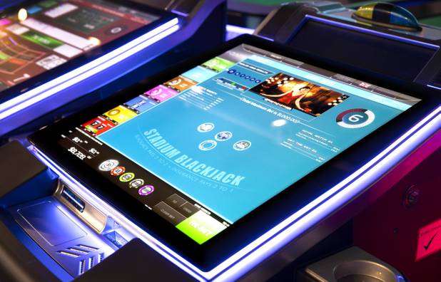 An electronic table game is displayed in the cScientific Games showroom Thursday, Aug. 6, 2020.