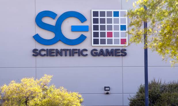 The Scientific Games logo is displayed on a building at the company's Las Vegas headquarters Thursday, Aug. 6, 2020.