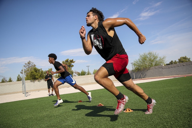 From left, Silverado High's Jaden Thrower and Vegas High's Fernando Carmona, Jr. train, Monday, Aug. 17, 2020.
