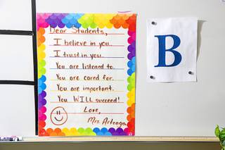 A message is shown on a white board in Cheryl Arteaga's Community in Schools room at O'Callaghan Middle School Friday, Aug. 2, 2020.