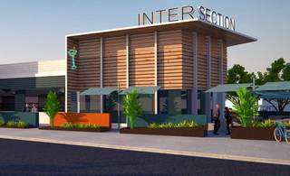 Rendering of Intersection, a fine dining and craft drink commercial center in the downtown Historic Arts district.
