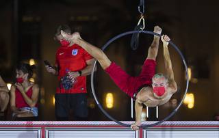 A performer rehearses in the Core Arena during a Red Alert RESTART event in downtown Las Vegas Tuesday, Sept. 1, 2020. The event was part of a national public awareness campaign to extend unemployment help for displaced workers in the live events industry.