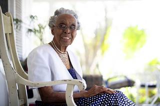 Helen Anderson Toland, 94, poses on her porch at her home in Las Vegas Wednesday, Sept. 9, 2020. Toland was the first black female school principal in the Clark County School District.