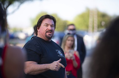 Michael J. McDonald, Nevada Republican Party chairman, speaks during a protest at the Sawyer State Building in Las Vegas Thursday, Sept. 10, 2020. Protesters were unhappy that President Trump’s rallies scheduled for this weekend in Nevada were cancelled due to COVID-19 restrictions.