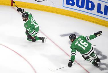 Dallas Stars’ Alexander Radulov (47) celebrates his overtime goal against the Vegas Golden Knights with Joe Pavelski (16) in Game 3 of the NHL hockey Western Conference final, Thursday, Sept. 10, 2020, in Edmonton, Alberta. The Stars won 3-2.