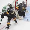 Dallas Stars' Jamie Benn (14) is stopped by Vegas Golden Knights goalie Robin Lehner (90) asGolden Knights' Zach Whitecloud (2) defends during third-period NHL Western Conference final playoff game action in Edmonton, Alberta, Monday, Sept. 14, 2020.