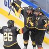Vegas Golden Knights' Reilly Smith (19) celebrates his goal against the Dallas Stars with Paul Stastny (26) and Jonathan Marchessault (81) during third-period NHL Western Conference final playoff game action in Edmonton, Alberta, Monday, Sept. 14, 2020.