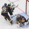 Dallas Stars' Jamie Benn (14) is stopped by Vegas Golden Knights goalie Robin Lehner (90) as Golden Knights' Ryan Reaves (75) defends during second-period NHL Western Conference final playoff game action in Edmonton, Alberta, Monday, Sept. 14, 2020.