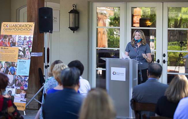 Lynda Tache, president and CEO of the Collaboration Center Foundation, speaks during the official opening of the Collaboration Center at LV Ranch Thursday, Sept. 24, 2020. The new campus will provide support services, therapy, group classes and recreation to individuals with disabilities.